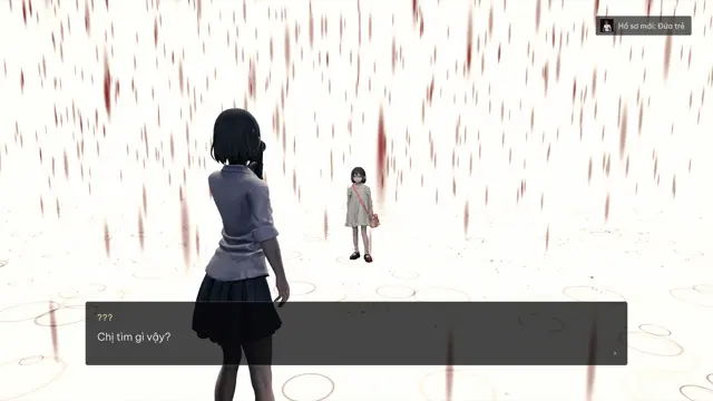 A little girl in a white room streaked with red